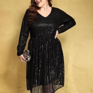 New sequin dress cocktail party dress v neck long sleeve XL